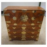 1175	BRASS BOUND ASIAN CABINET W/BURL PANELS, HAS 2 DOORS & 3 DRAWERS W/INTERIOR DRAWERS & SHELF, ON