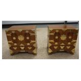 1176	PAIR OF BRASS BOUND ASIAN NIGHT STANDS W/2 DOORS & ONE DRAWER, BURL PANELS, 32 3/4 IN WIDE X 16