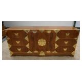 1177	BRASS BOUND ASIAN LOW CHEST, HAS 2 DOORS & 6 DRAWERS PLUS 3 INTERIOR DRAWERS, BURL PANELS, 71 1