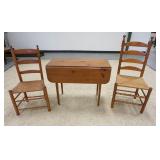 1208	3 PIECES OF FURNITURE; DROP LEAF TABLE 15 1/2 IN X 36 IN CLOSED, 28 IN H, & TWO LADDER BACK CHA