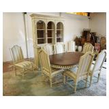 1221	HOOKER SUMMERGLEN DINING ROOM SUITE, BREAKFRONT, TABLE, & 8 CHAIRS. BREAKFRONT HAS WAVY GLASS D