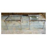 1234	PAIR OF GLASS & CHROME SIDE TABLES 22 3/4 IN SQ, 16 3/4 IN H, BRASS TRIM