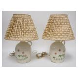 1248	PAIR OF HAND PAINTED JUG LAMPS W/ CLOTH SHADES. 18 IN H 