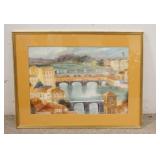 1252	WATERCOLOR BY ELAINE LAWRASON OF A CITY W/ WATER & BRIDGE. 30 1/2 IN X 23 1/2 IN INCLUDING FRAM