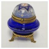 1260	VICTORIAN HAND PAINTED BLUE GLASS DRESSER BOX, 4 IN H 