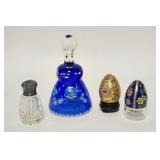 1261	4 PIECE LOT W/2 CLOISONNE EGGS, BLUE CUT TO CLEAR BELL, & CUT GLASS SALT SHAKER W/STERLING SILV