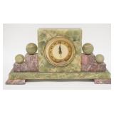 1263	ART DECO MARBLE & ONYX CLOCK CASE, WORKS REPLACED W/BATTERY, FRONT GLASS MISSING, 14 IN WIDE X 