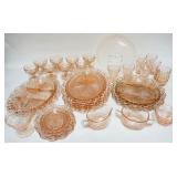 1273	36 PIECE PINK DEPRESSION GLASS, INCLUDES LACE EDGE, WATERFORD, ETC, LARGEST PLATES ARE 12 3/4 I