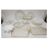 1277	12 PIECE GLASS LOT W/3 CAKE STANDS, HOBNAIL MILK GLASS, LYRE TRAYS W/GOLD RIMS, ETC