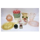 1279	LOT W/GLASS & POTTERY, INCLUDES TULIP BISCUIT JAR, WATT APPLE PITCHER, 2 PIECE PINK MAYFAIR, PA