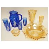1280	9 PC BLUE SAILBOATS & MARIGOLD IVES & HERRINGBONE, VASE IS 9 1/4 IN HIGH