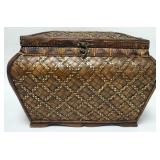1296	DECORATIVE WOODEN BOX W/BASKET WEAVE OVERLAY, 19 IN X 12 3/4 IN X 13 IN HIGH