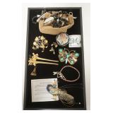1302	LOT OF COSTUME JEWELRY, INCLUDING LARGE SIGNED PEACOCK PIN
