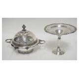 1313	2 PIECE-BUTTERDISH & COMPOTE, VICTORIAN SILVERPLATED BUTTERDISH W/DRAIN PLATE & WEIGHTED STERLI