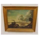 1315	OIL ON ARTIST BOARD SIGNED JANKO, STEAMBOAT UNLOADING HORSES, BOARD DATED 1951 ON THE REVERSE, 