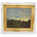 1012	TOZE SCHINDLER OIL ON CANVAS LANDSCAPE, FEATURES A WOMAN STANDING BY A COUNTRY PATH IN THE FORE