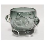 1074	SMOKE BLOWN GLASS VASE W/ APPLIED PRUNTS POLISHED PONTIL. 5 1/2 IN H 