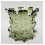 1075	GREEN BLOWN GLASS VASE W/ PULLED OUT HOBNAILS CHIP ON THE LOWER PROTRUSION . 7 1/4 IN H 