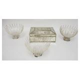 1076	4 PIECE LOT; MIRRORED METAL BOX & 3 LAZY SUSAN BOWL HOLDERS. BOX IS 11 1/4 IN X 8 IN, 7 IN H. H