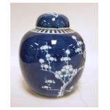 1083	BLUE & WHITE ASIAN COVERED JAR-HONG KONG, 8 IN H 