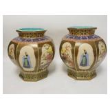1111	PAIR OF OCTAGONAL LARGE ASIAN URNS, HAND PAINTED W/PEOPLE, BIRDS, FLOWERS, ETC, CHARACTER SIGNE