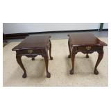 1128	PAIR OF STANLEY CARVED SIDE TABLES, BANDED TOPS, BALL & CLAW FEET & ONE DRAWER, ONE HAS A SCRAT