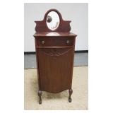 1129	MAHOGANY MUSIC CABINET W/BEVELED MIRROR BACK, ONE DRAWER & ONE DOOR, 50 3/4 IN HIGH X 20 1/4 IN