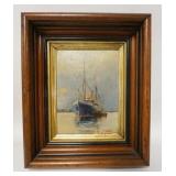 1173	OIL ON BOARD OF A SHIP IN A WLANUT VICTORIAN FRAME, SIGNED M.A.B., 10 IN X 12 IN INCLUDING FRAM