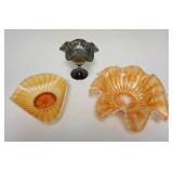 1176	3 PIECES OLD CARNIVAL GLASS, RED FENTON PEACOCK & URN COMPOTE, DUGAN PEACH OPAL JEWELED HEART 1