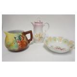1177	3 PIECE CHINA LOT, CT GERMANY CHOCOLATE POT, 10 1/8 IN HIGH, UNMARKED FLORAL BOWL, LIKELY RS PR