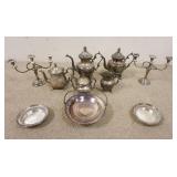 1187	SILVER PLATE LOT W/TEASET, CANDELABRA, ETC
