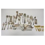 1201	FLATWARE LOT INCLUDES STERLING SILVER CANDLE SNUFFER W/TURNED WOODEN HANDLE, STUFFING SPOON, SE