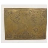 1203	BRASS WORLD MAP, HAND MADE IN ENGLAND, 16 IN X 12 IN