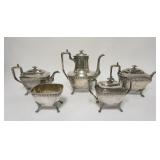 1206	5 PIECE CLAW FOOT SILVERPLATED TEASET, REED & BARTON, LARGEST POT IS 9 1/2 IN