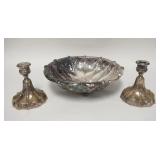 1210	HAMMERED SILVER PLATED CONSOLE SET, 3 PIECE, BOWL HAS BALL FEET & 13 1/4 IN DIAMETER, CANDLESTA