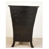 1227	JEWELRY CHEST W/ LIFT MIRROR TOP, 25 IN W, 40 IN H, 14 IN DEEP. BLACK LACQUER HAS SIX DRAWERS