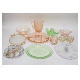 1283	DEPRESSION & OTHER GLASS LOT, INCLUDES PINK CHERRY BLOSSOM PITCHER, BUTTERFLY CUT CENTER  HANDL