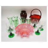 1285	CRANBERRY, RED & GREEN GLASS LOT, CRANBERRY OPALESCENT BOWL IN 10 IN, RED BASKET IS 11 IN HIGH