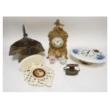 1287	LOT W/CLOCK, VICTORIAN SILVERPLATED BASKET, CAMEO CREATIONS SHELF, PERFUME BOTTLES & CHILDS IRO