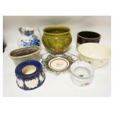 1294	8 PIECE LOT W/JARDINIERE, CROCK, SPITTOONS, ETC, BLUE & GOLD DECORATED PITCHER IS 11 IN HIGH