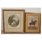 1298	2 PIECES FRAMED ARTWORK, 2 LADIES IN A GARDEN SIGNED ARTHUR COX & WATERCOLOR OF A SOLDIER ON HO