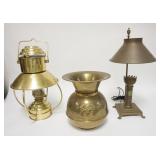 1303	3 PIECE LOT W/BRASS LANTERN, BRASS SPITTON & CLAW FOOT LAMP, TALLEST IS 20 IN