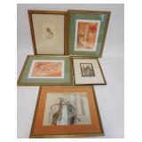 1307	5 PIECES FRAMED ARTWORK, INCLUDES PAINTING BY JOSEPH DOMARSKI, 2 PENCIL SIGNED NUDES, SIGNED PO