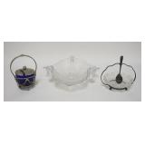1326	3 PIECE GLASS LOT, 11 IN ELEGANT BOWL, FROSTED & CLEAR W/LEAF PATTERN, BLUE JAR IN MEDAL FRAME 