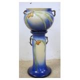 1001	 ROSEVILLE BLUE PINECONE POT & PEDESTAL , 25 IN H. SMALL SPOT OF GLAZE MISSING AT THE BASE 