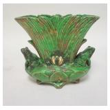 1037	WELLER COPPERTONE FAN VASE ON A LILY PAD W/ TWO FROGS 8 1/2 IN H , 9 3/4 IN W. HAS ORIGINAL LAB