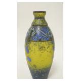 1048	DELATTE NANCY, ART DECO ENAMLED VASE BLUE & YELLOW FRUIT GROUND ON CLEAR GLASS. POLISHED PONTIL