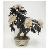 1095	LARGE CARVED STONE FLOWERING TREE IN A SCENIC CLOISONNE POT W/ WADING BIRDS & ANIMALS. APP. 17 