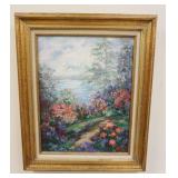 1105	GLORIA JAMESTRELLE OIL ON CANVAS OF A LANDSCAPE, FLOWERS W/ BODY OF WATER BEHIND. 19 1/4 IN X 2