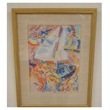 1108	SIGNED CONORDE WATERCOLOR SEMI ABSTRACT SAILBOAT DATED 1962, 18 1/2 IN X 24 IN INCLUDING FRAME
